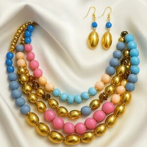 Multicolor Layered Beaded Necklace & Gold Drop Earrings – Statement Fashion Set